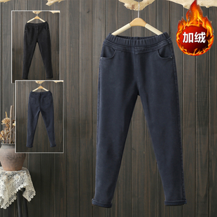 大码 长裤 女装 加绒加厚仿牛仔小脚松紧腰休闲裤 200斤显瘦女裤 冬季