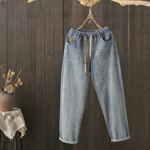 春秋大码200斤松紧腰弹力牛仔裤