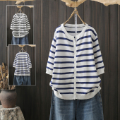 T恤简约小清新圆领韩版 200斤条纹针织短袖 显瘦减龄上衣潮 大码 夏季