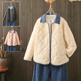 秋冬大码 菱格纹棉服翻领撞色拼接宽松显瘦百搭棉衣外套 200斤韩版