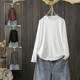 上衣内搭外穿秋衣 女长袖 早秋大码 200斤白色木耳边半高领打底T恤衫