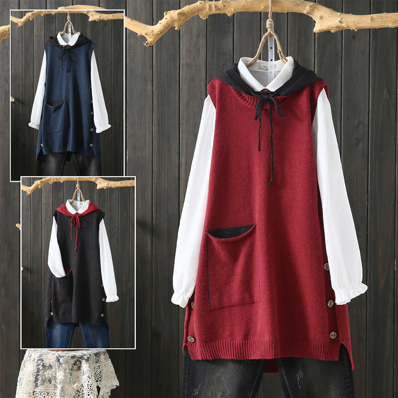 春秋大码文艺范连帽中长款无袖针织衫马甲女式套头宽松马夹背心裙,女装/女士精品,马夹,淘宝优惠券,粉丝福利购,淘宝优惠卷
