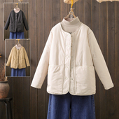 秋冬大码 200斤无领轻薄棉服小个子休闲单排扣保暖减龄纯色棉衣潮