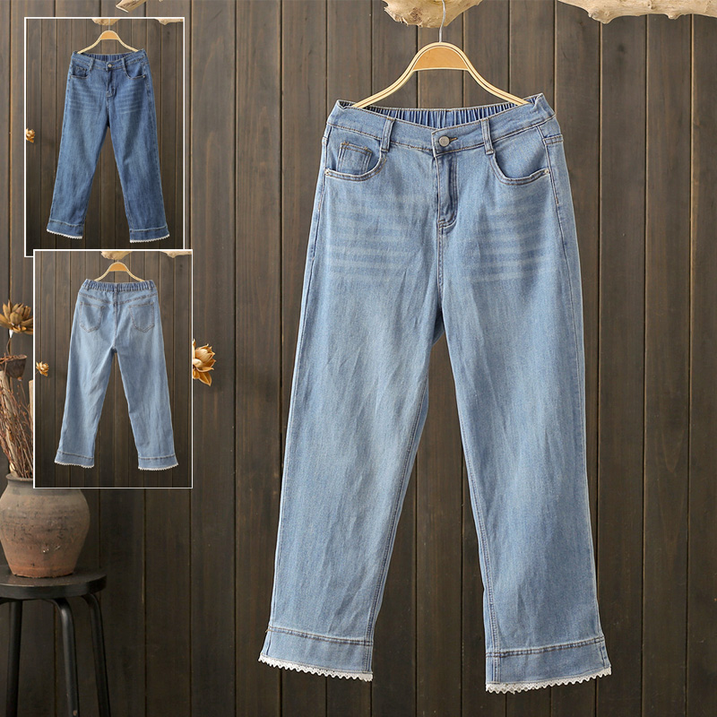 春秋200斤蕾丝拼接九分牛仔裤