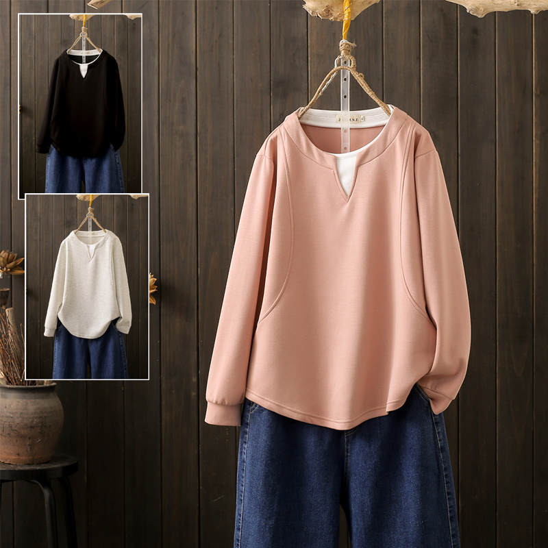 春秋大码200斤叠穿假两件V领卫衣