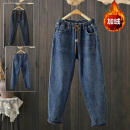 潮 胖MM宽松显瘦松紧高腰哈伦老爹裤 秋冬大码 200斤加绒加厚牛仔裤