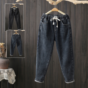 200斤宽松显瘦松紧哈伦减龄老爹裤 胖MM大码 女潮 加厚牛仔裤 冬季