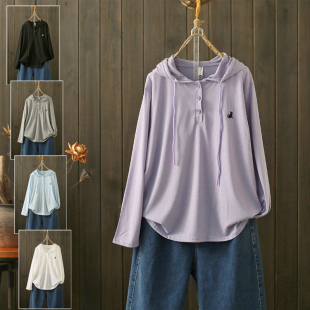 减龄上衣潮 T恤胖mm宽松显瘦百搭休闲打底衫 春秋大码 200斤连帽长袖