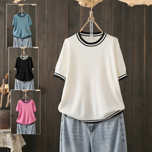 针织衫 夏季 t恤女士时尚 200斤拼色圆领冰丝短袖 高级感别致上衣 大码