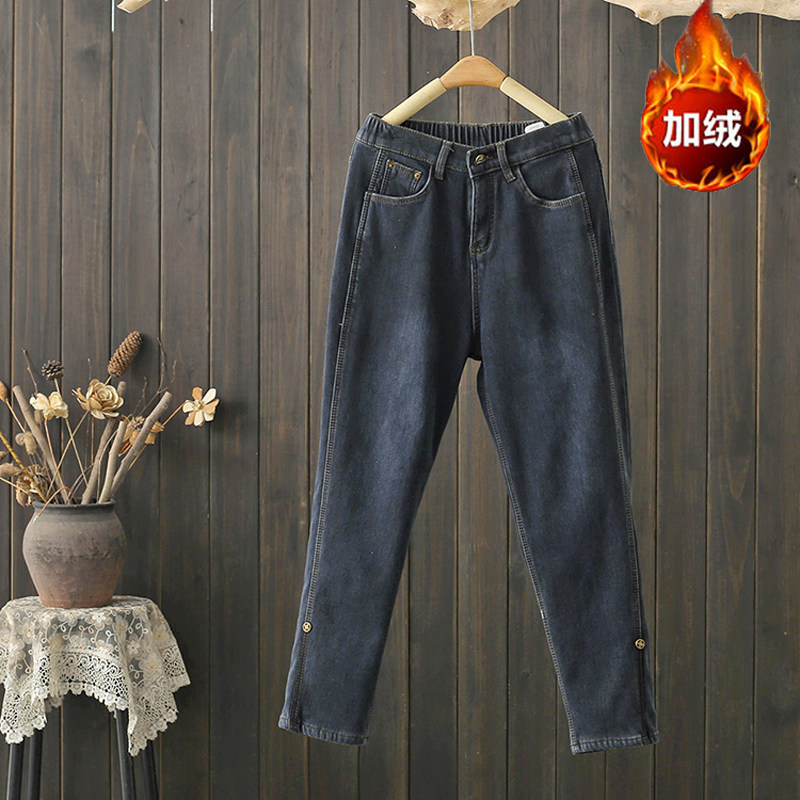 秋冬大码200斤加绒直筒牛仔裤