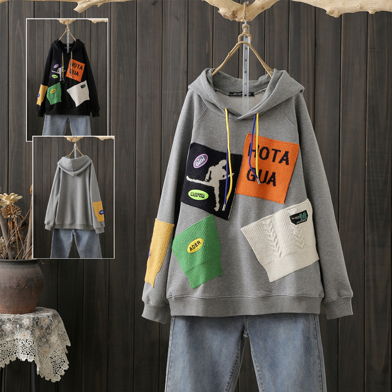 宽松连帽个性贴布加厚减龄卫衣