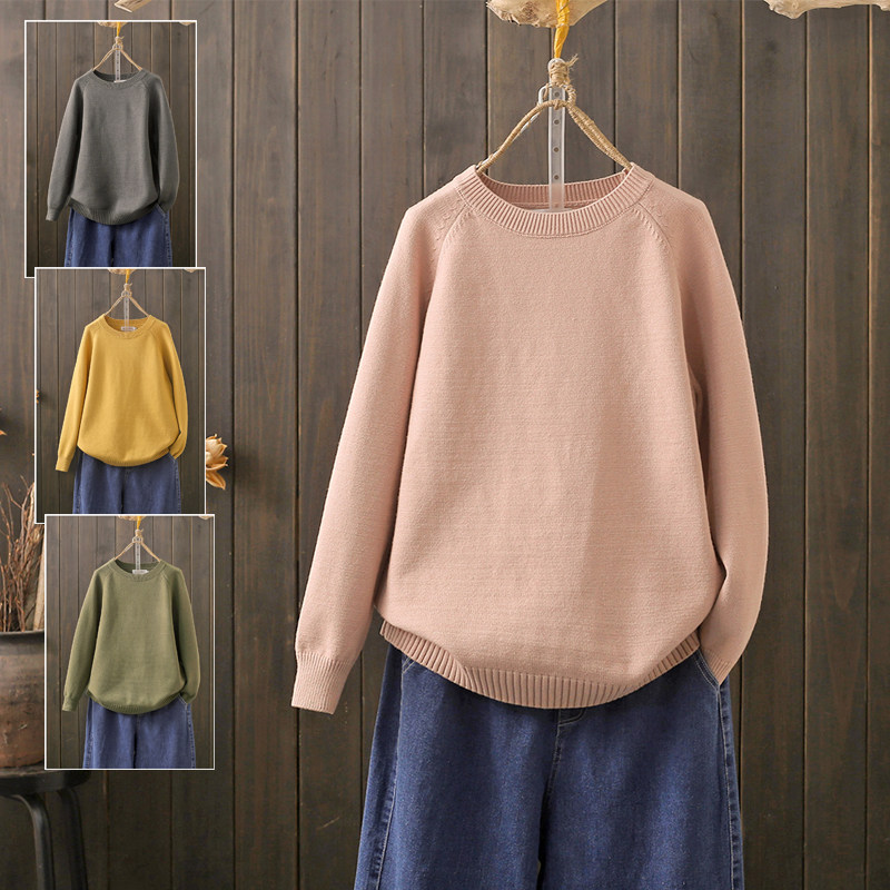 秋冬大码200斤圆领套头粉色毛衣