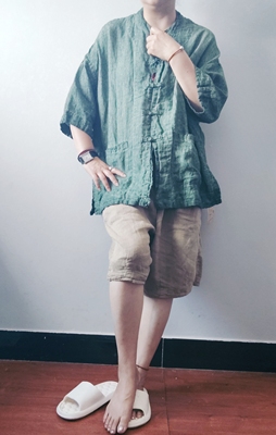 左岸同款原创设计亚麻短袖女2025新款文艺复古做旧立领盘扣宽松衫