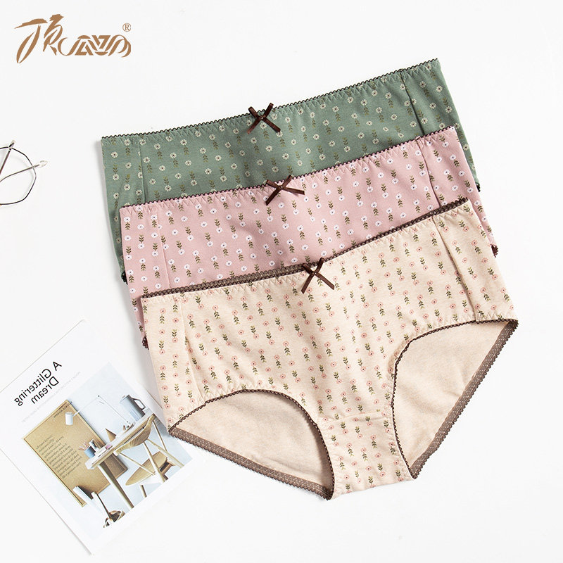 3条装顶瓜瓜女士内裤女三角裤纯棉底裤衩裤头舒适文艺小花顶呱呱