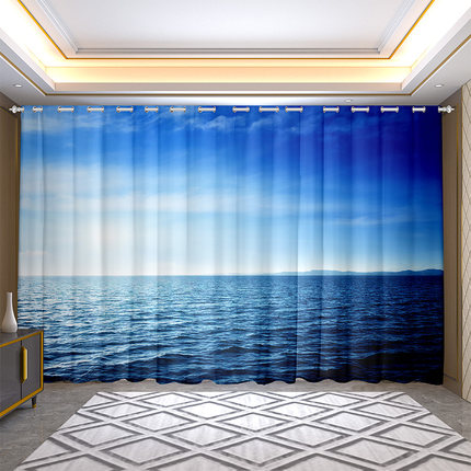 现代简约客厅卧室窗帘海洋海滩海景风景画2023新款遮阳遮光免打孔