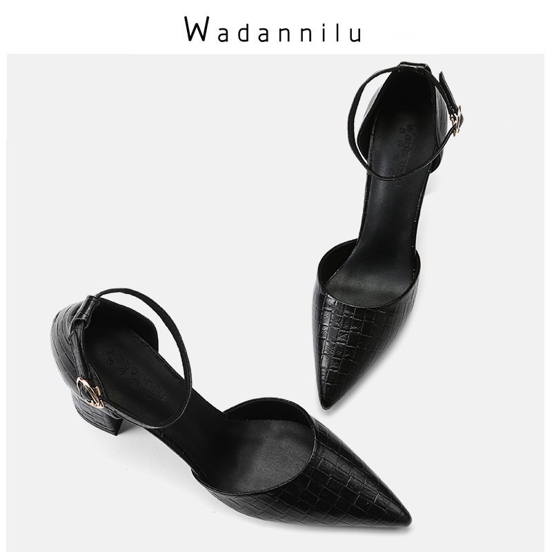 一字扣带黑色职业高跟鞋女粗跟凉鞋软皮舒适中低跟大小码工作单鞋,女鞋,浅口单鞋,淘宝优惠券,粉丝福利购,淘宝优惠卷