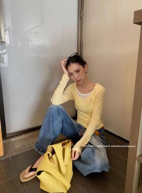 TTOOVOUIS 2026春季新款假两件长袖T恤收腰抽褶打底衫内搭女2468