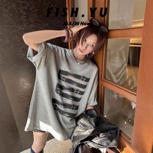 辣妹皮带印花宽松圆领短袖 现货十三行 新款 春季 t恤25615 FISHYU