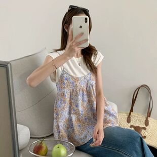 苏珊SUSAN 韩系时尚高级感宽松短袖T恤＋碎花吊带背心两件套T7072