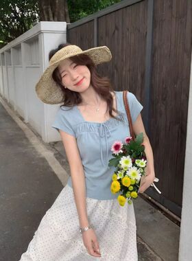 SUSAN 2026夏季新款方领绑带短袖T恤女韩系短款修身百搭上衣TW985