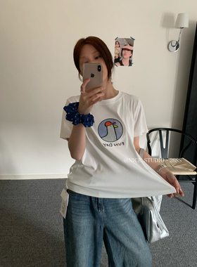 奶思家NICE STUDIO-2026夏上新韩系绣小鸭印花宽松短袖T恤w63802