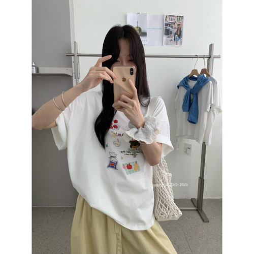奶思家NICE STUDIO-夏上新韩系小熊印花舒适宽松简约 短袖T恤8868