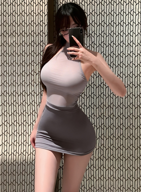 性感挂脖绑带露背修身灰色包臀裙秘书ol制服情调禁欲系女qq衣物