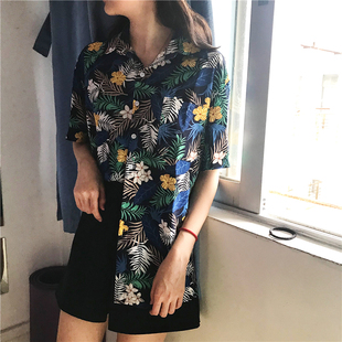 夏威夷度假风薄款雪纺衬衫宽松BF风男女情侣同款复古碎花衬衣