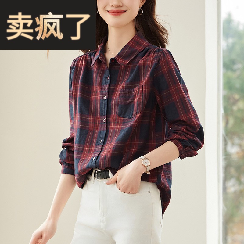 设计感小众红格子纯棉衬衫女长袖2025春秋季新款宽松衬衣拼色上衣