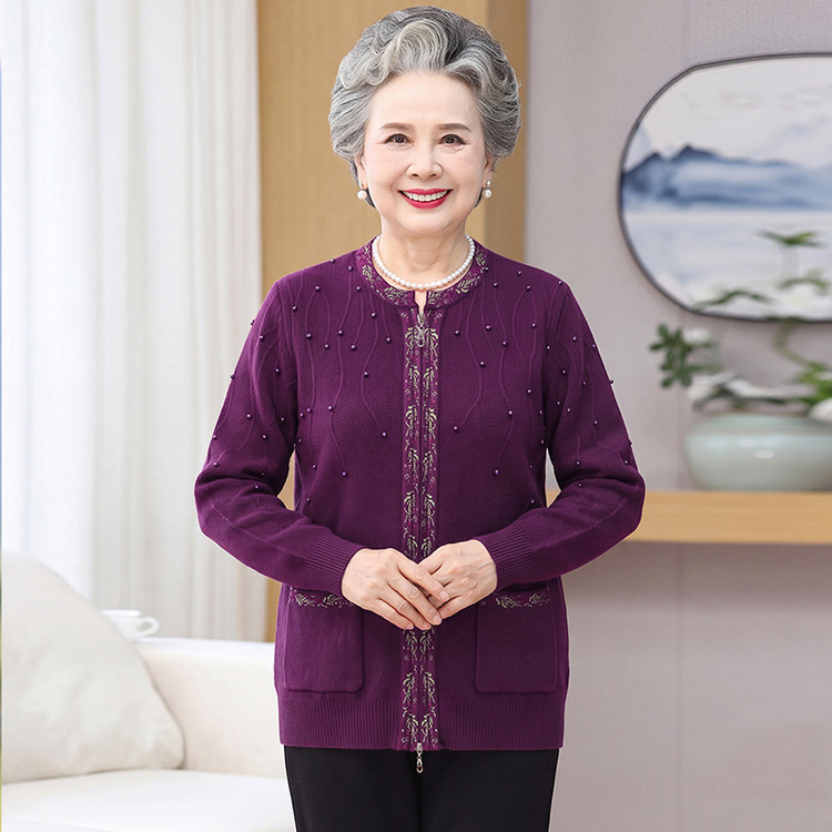 2026新款中老年人女装拉链开衫奶奶秋装针织外套带口袋休闲毛衣70