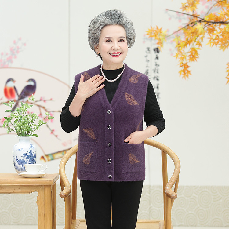 中老年女秋装V领无袖开衫马甲背心奶奶秋冬仿水貂绒马夹保暖上衣
