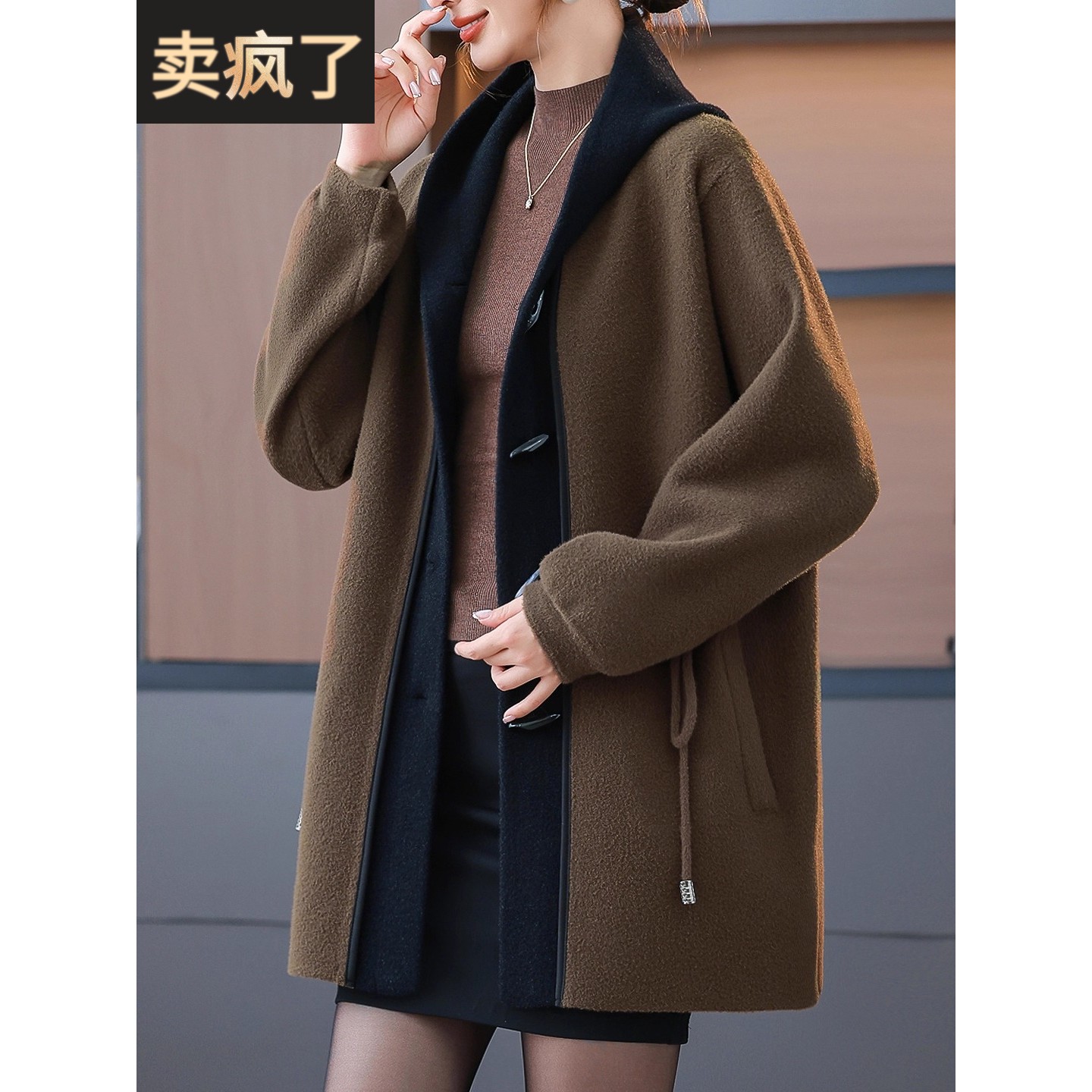 中老年针织毛呢厚外套女 妈妈秋冬装大衣200斤大码中长款连帽风衣