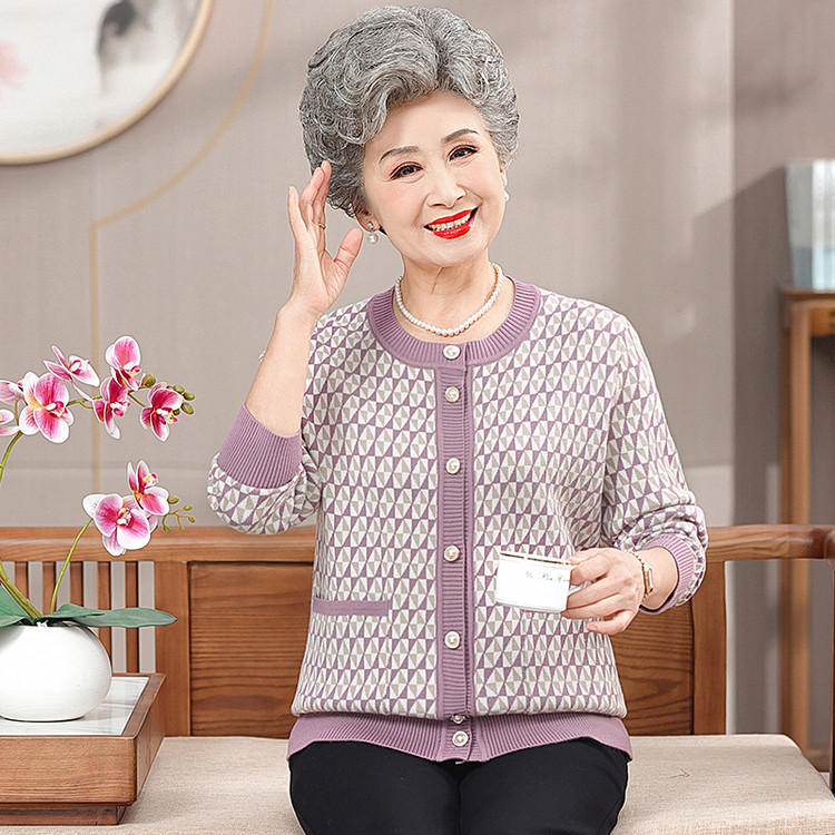 秋冬中老年妈妈装圆领针织开衫