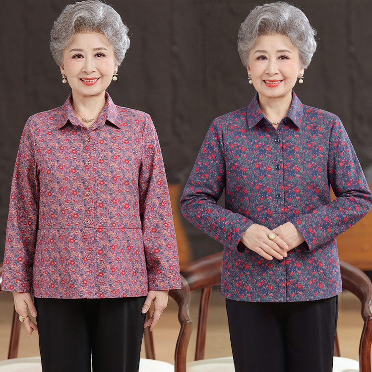 春秋老年女碎花纯棉长袖衬衫