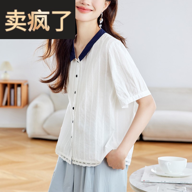 娃娃领衬衫女短袖纯棉2025年夏季新款蕾丝拼接设计感白色衬衣上衣