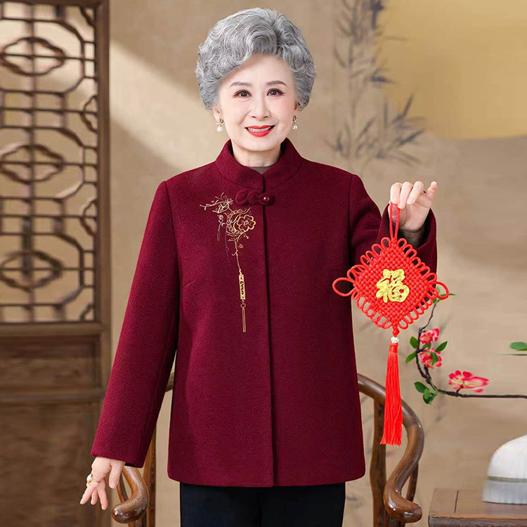 奶奶婚宴过寿加厚毛呢唐装大衣