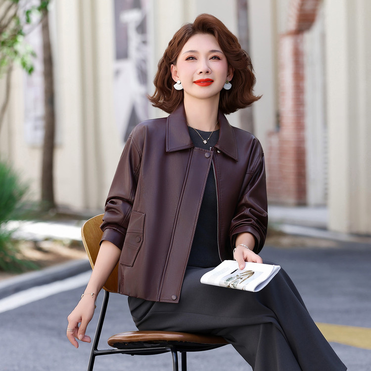 小个子妈妈春秋短款PU皮衣外套