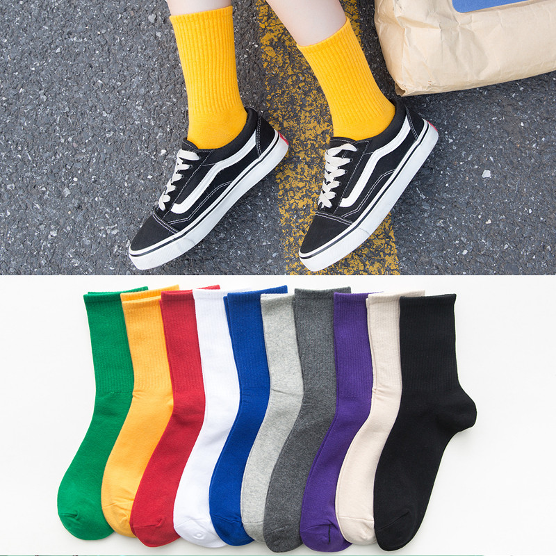 网红白色运动袜女纯色百搭黑色鲨鱼裤配的袜子女中筒袜外穿ins潮