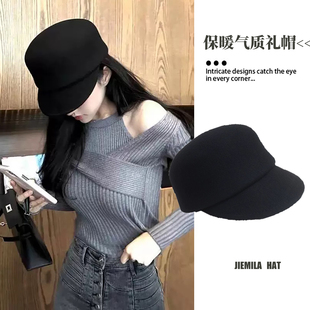 黑色英伦羊毛呢骑士帽子女法式名媛冬季气质小众报童帽时尚马术帽