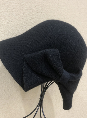 韩系chic蝴蝶结针织渔夫帽子女冬天保暖针织大头围黑色保暖盆帽潮
