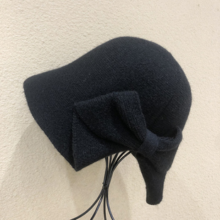 韩系chic蝴蝶结针织渔夫帽子女冬天保暖针织大头围黑色保暖盆帽潮