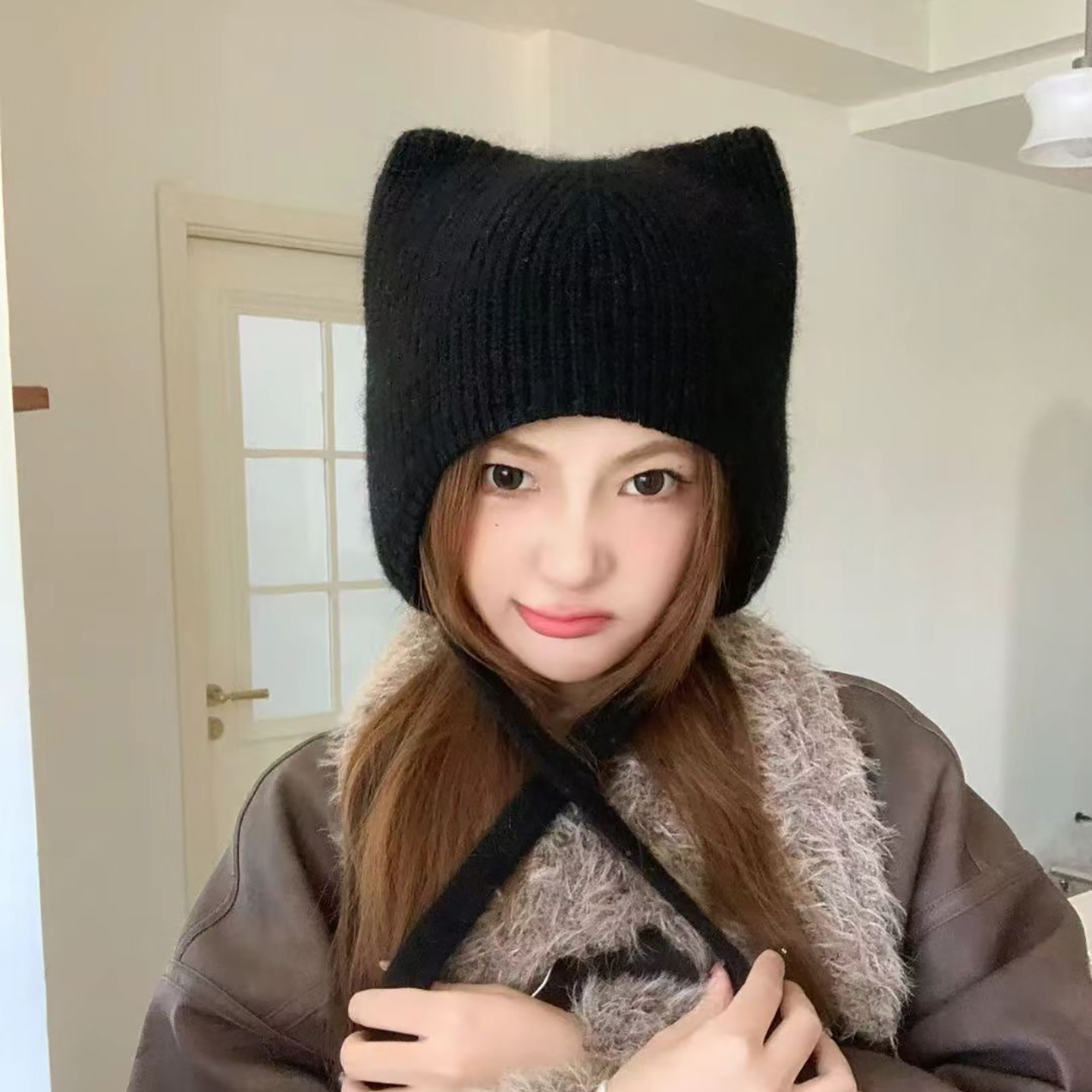 新款秋冬季可爱猫耳朵针织毛线帽