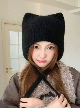 新款秋冬季可爱猫耳朵针织毛线帽