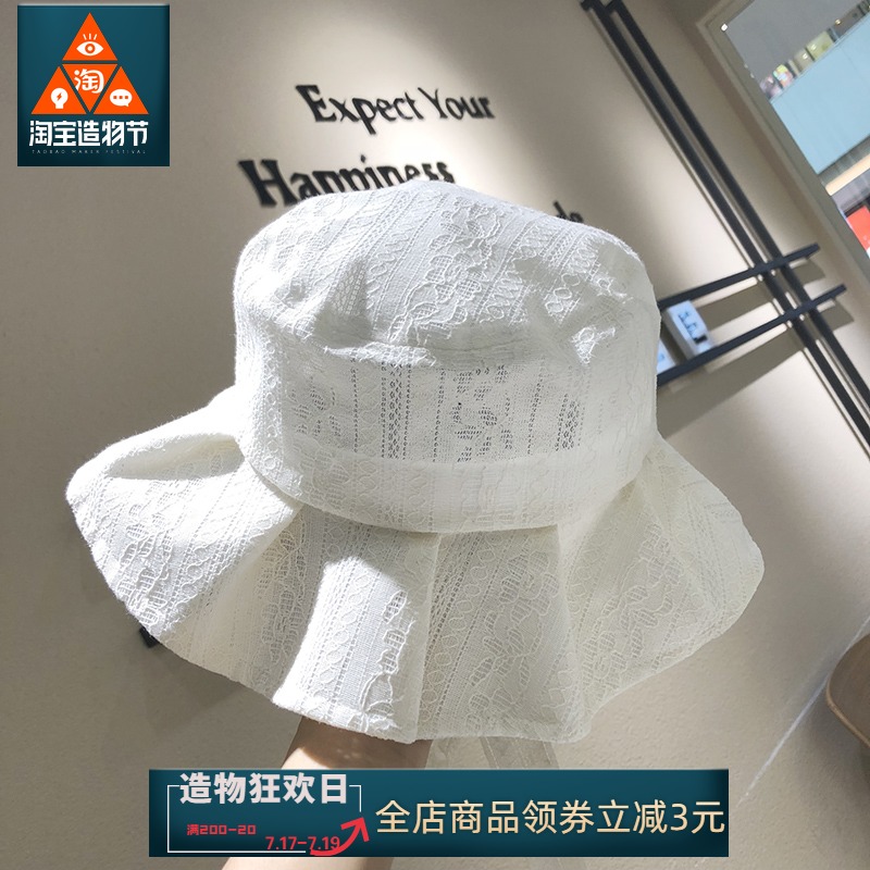 3夏天韩版渔夫帽子女日系绑带黑蕾丝防晒沙滩出游休闲遮阳盆帽春季