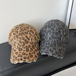 美式复古豹纹棒球帽子女做旧显脸小辣妹鸭舌帽男生大头围遮阳帽潮