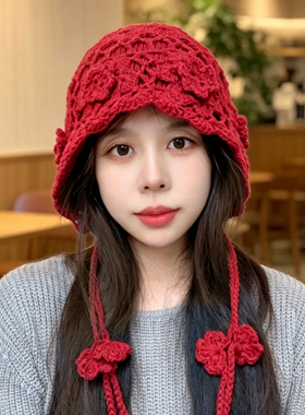 秋冬手工花朵流苏针织毛线帽女
