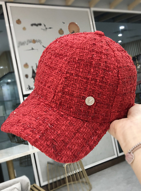帽子女红色网红款格子M标棒球帽时尚韩版百搭鸭舌帽秋冬天遮阳潮