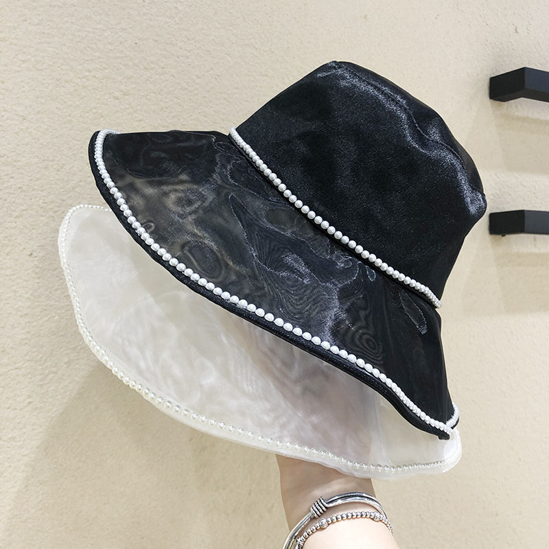 韩系chic珍珠绸缎渔夫帽子女网纱大沿春夏遮阳防晒出游沙滩盆帽潮
