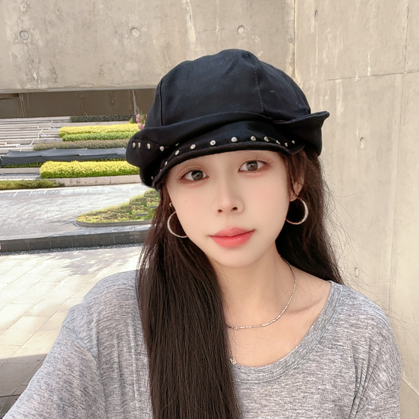 韩版金属铆钉八角帽子女春秋百搭复古棉布气质英伦骑士帽报童帽潮