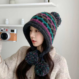 韩系冬季毛线勾花吊球雷锋帽子女百搭保暖户外护耳素颜套头包头帽